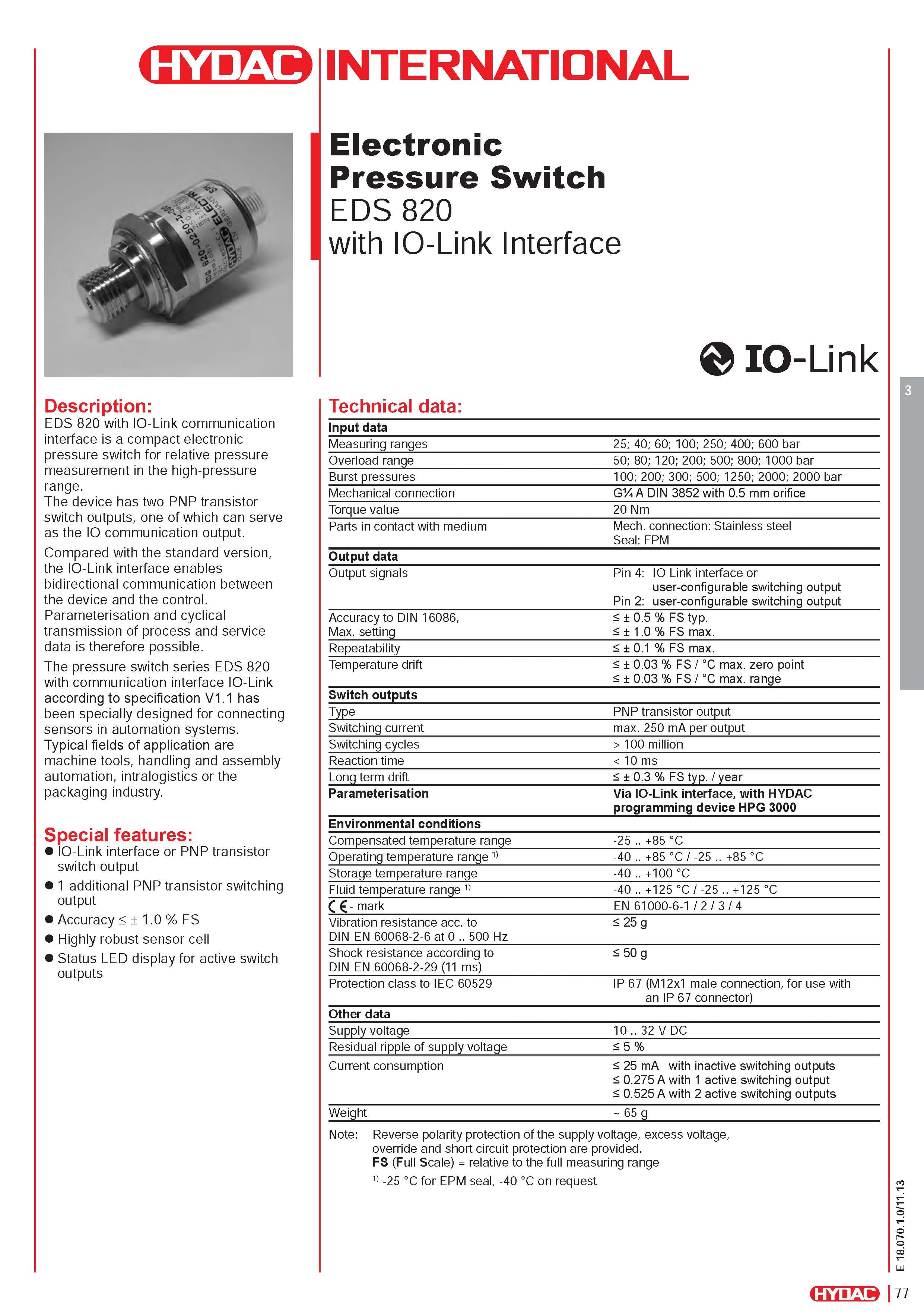 HYDAC EDS 820 IO-Link 電子式壓力開關