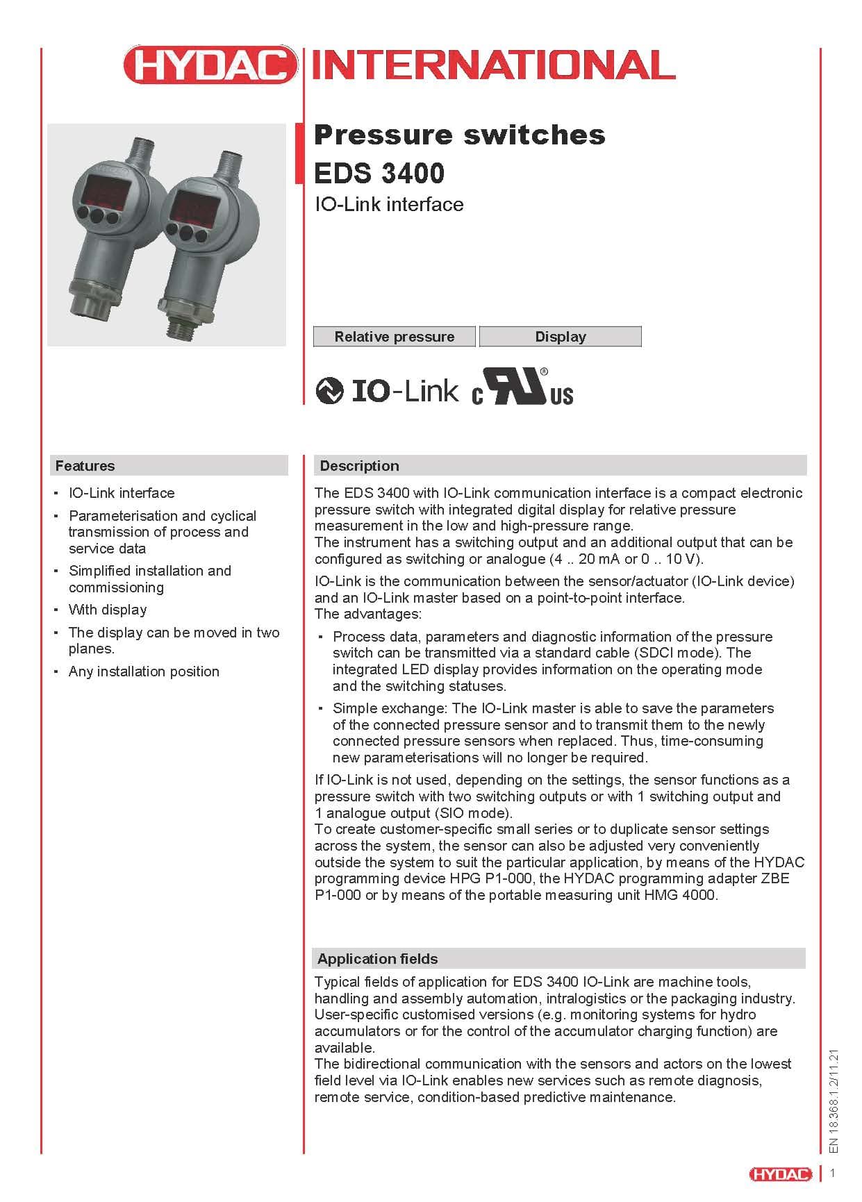 HYDAC EDS 3448 電子式壓力開關+傳感器+IO-Link傳輸功能