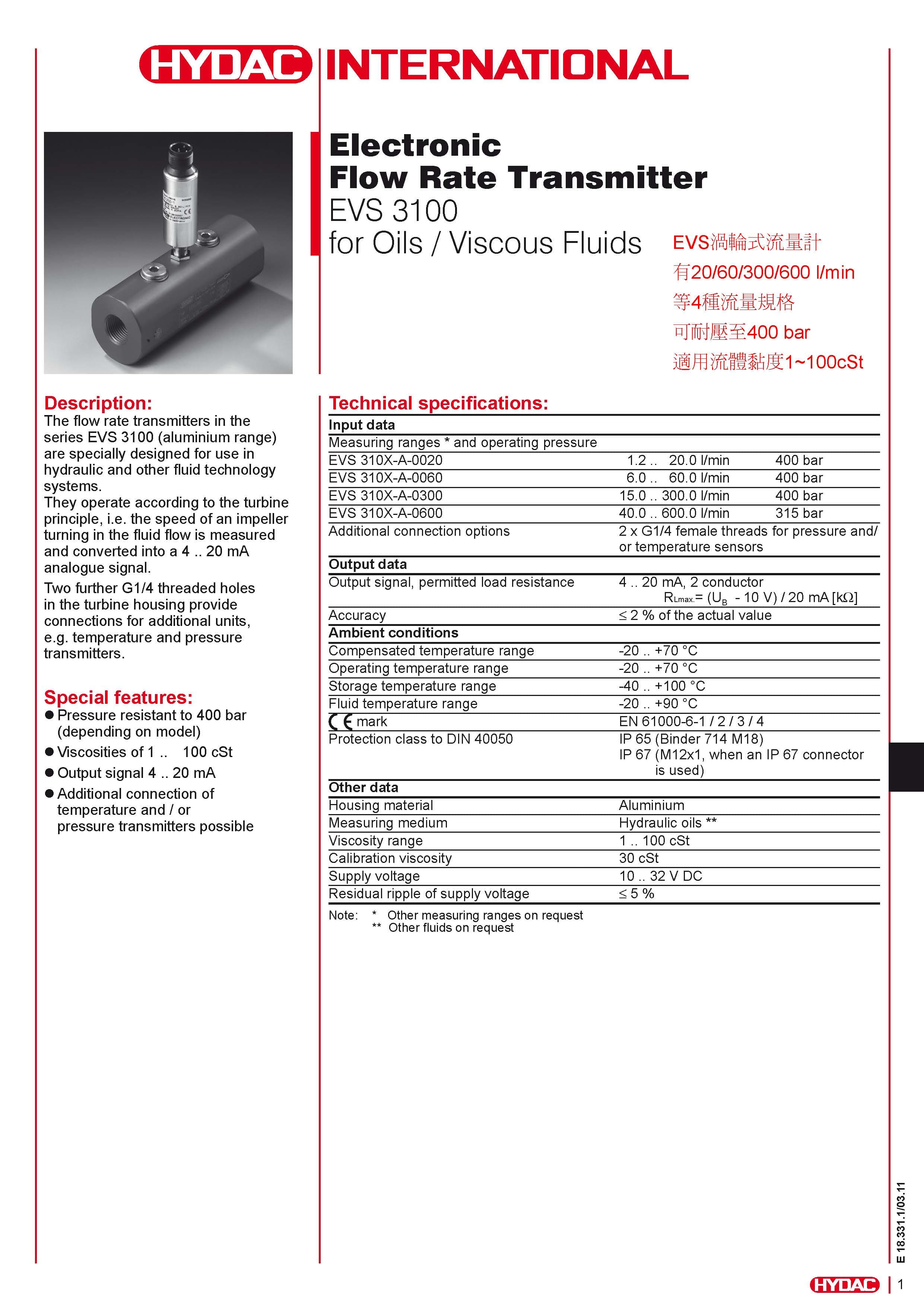 HYDAC EVS 3100流量計+中文註解