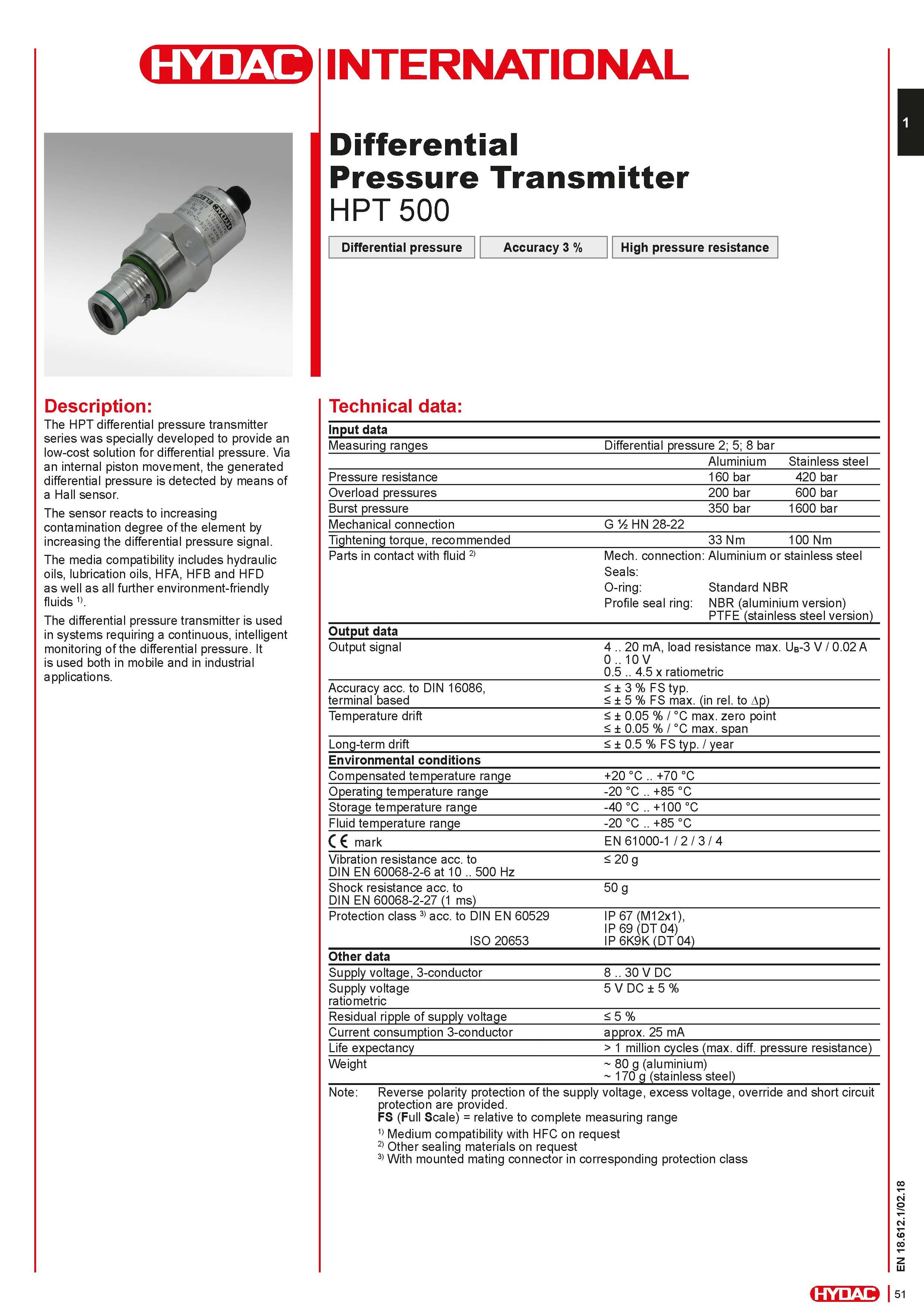 HYDAC HPT500 類比輸出之過濾器阻塞指示器