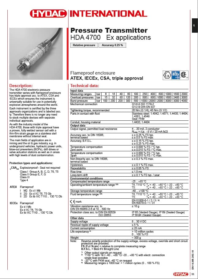 HYDAC 防爆型壓力傳感器 (同時兼具ATEX+IECEx+CSA認證)