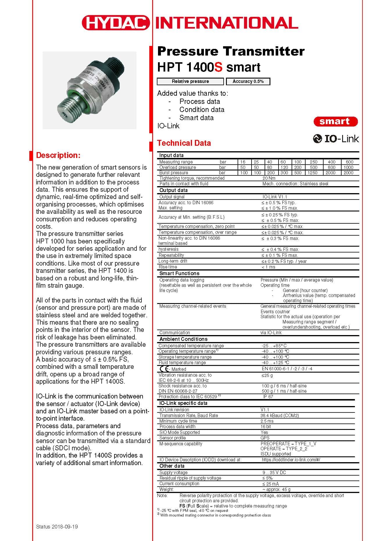 HYDAC 具統計功能+製程參數功能之壓力感測器