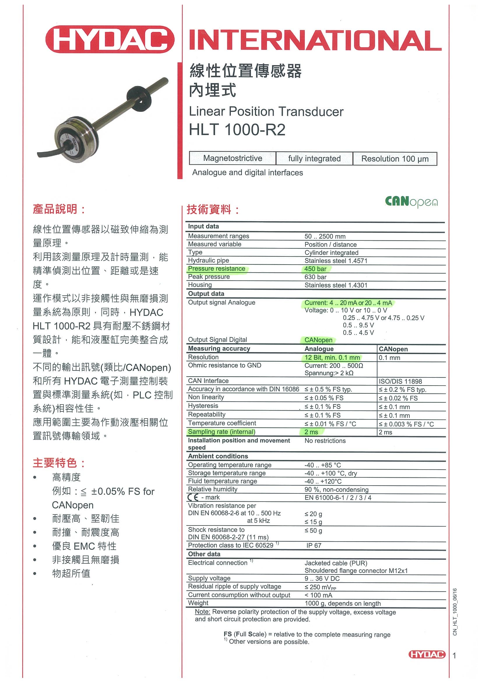 HYDAC 線性位置傳感器 HLT Linear Position Transducer